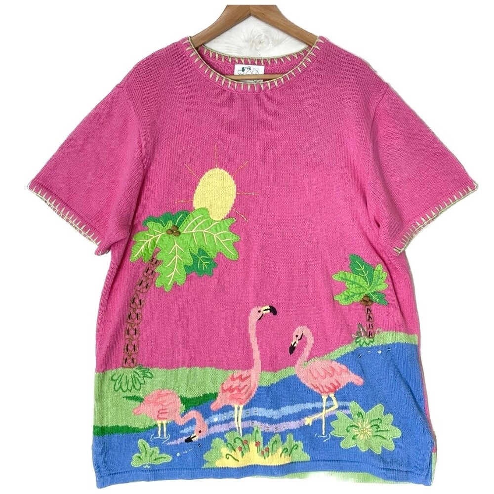 Vintage The Quacker Factory Pink Short Sleeve Flamingo Sweater Shirt Size XL